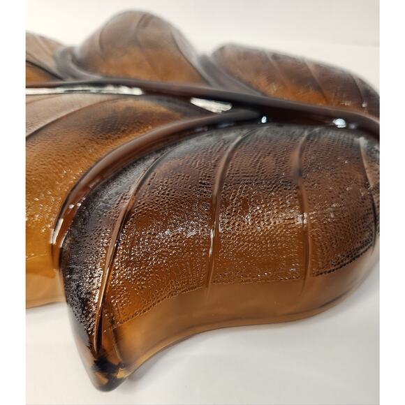 Vintage Amber Glass Leaf Divided Serving Dish 13" Mid Century Retro Leaf Tray - Picture 7 of 7